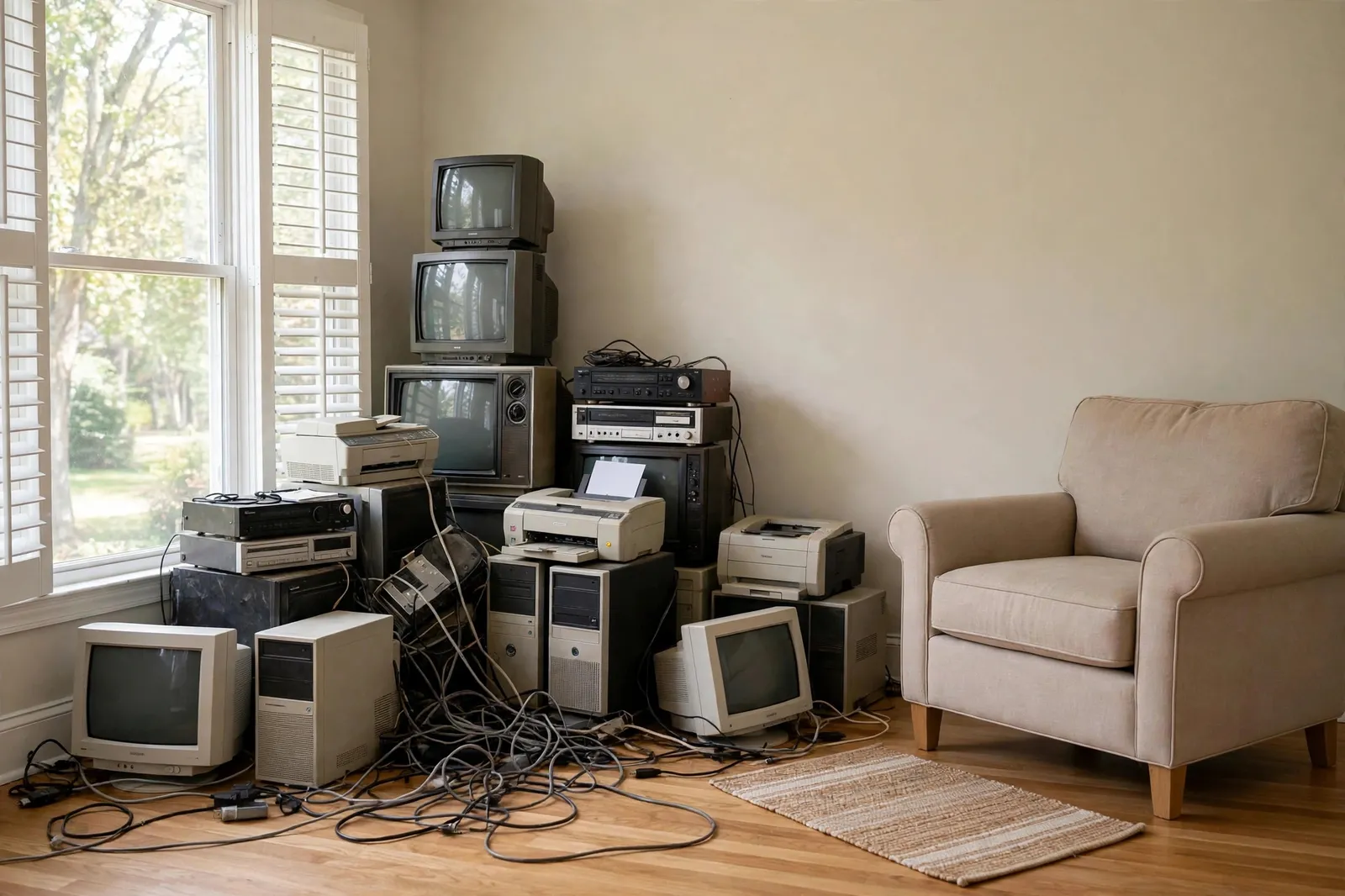 Before photo, Garage Electronics Clear-Out in Dorchester, by Waldorf Junk Removal Company